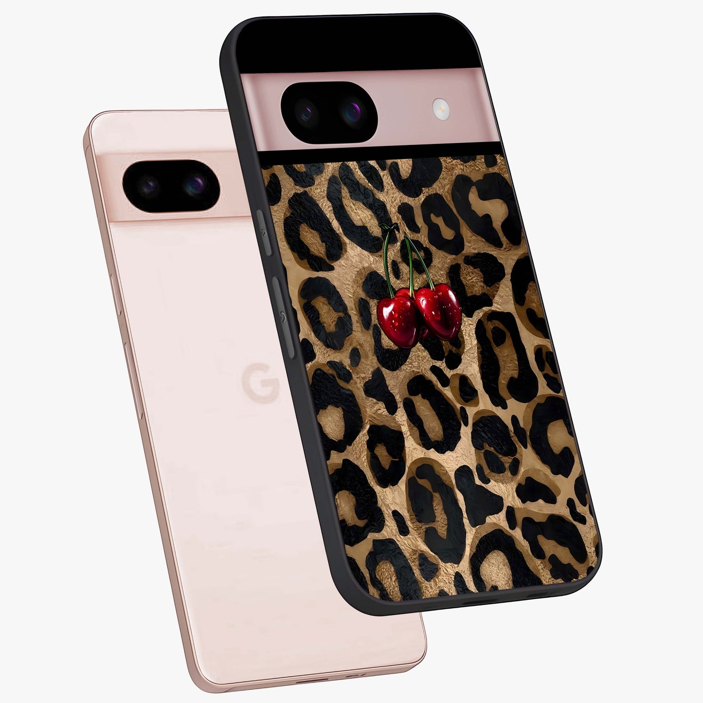 Leopard Wild Cherry Glass Case displayed in angled mockup highlighting bold animal print design with playful cherry aesthetic.