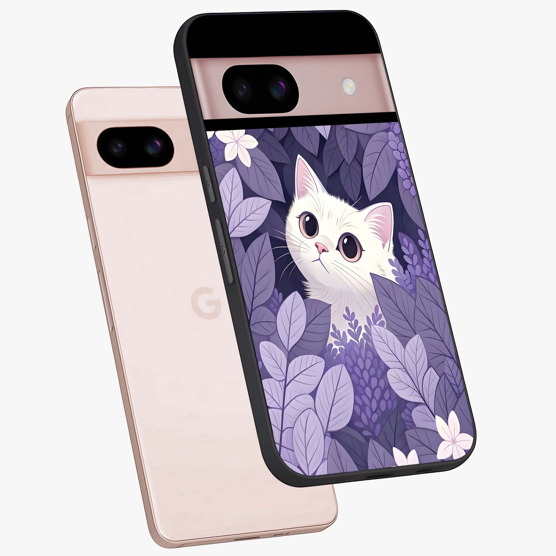 Lilac Hide Peek Cat Glass Case displayed in angled mockup highlighting playful feline illustration with lilac aesthetic design.