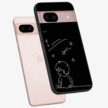Line Art Boy With Shooting Stars Glass Case displayed in angled mockup highlighting elegant line art design with dreamy star aesthetic.