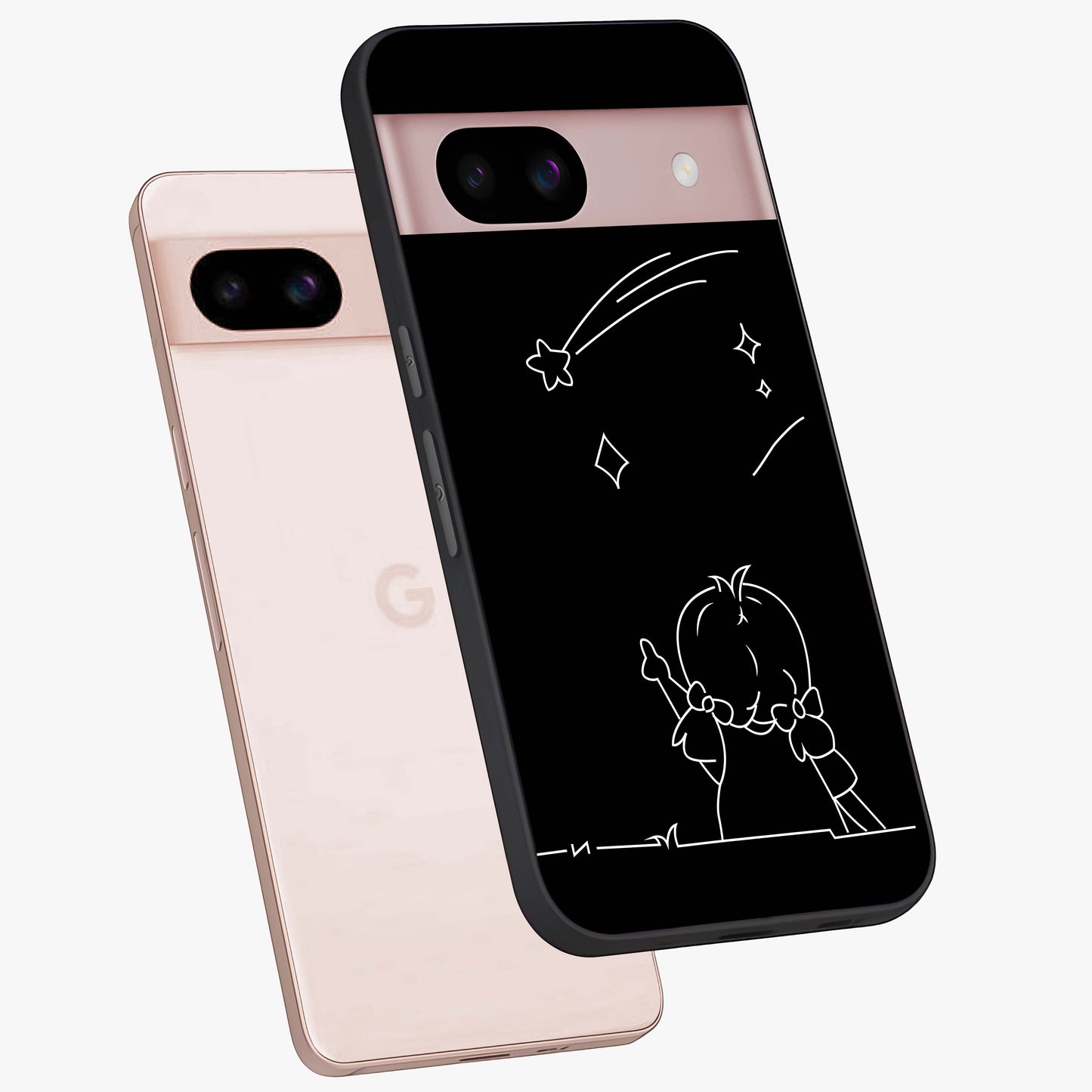 Line Art Girl With Shooting Stars Glass Case displayed in angled mockup highlighting elegant line art design with dreamy star aesthetic.