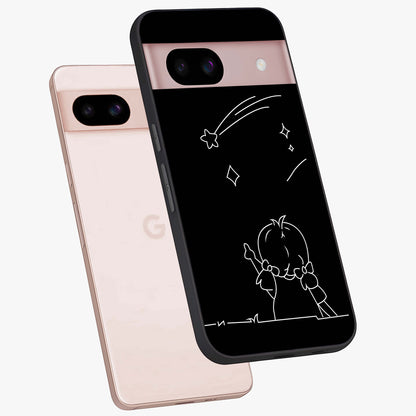 Line Art Girl With Shooting Stars Glass Case displayed in angled mockup highlighting elegant line art design with dreamy star aesthetic.