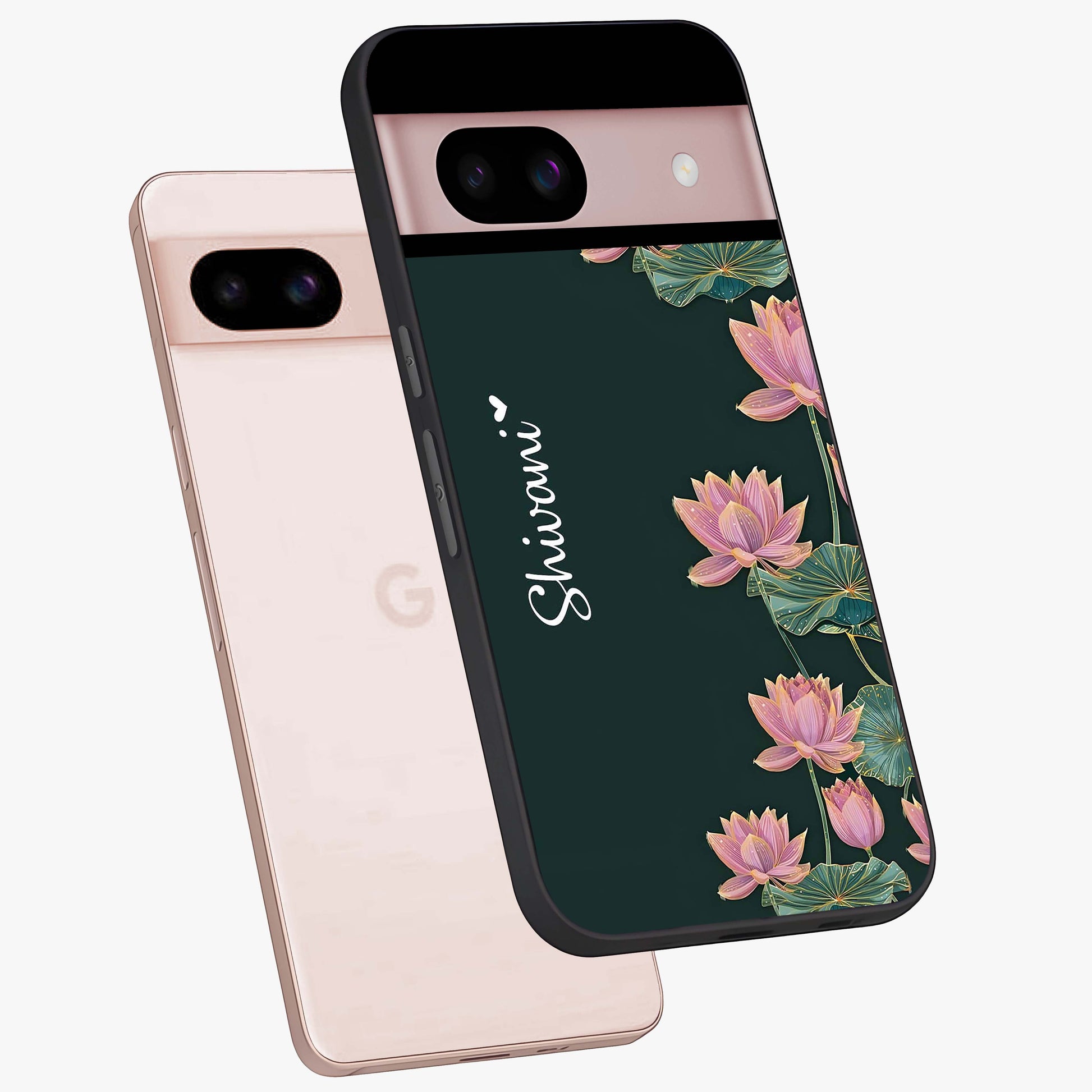 Lotus Bloom Serenity Custom Name Glass Case displayed in angled mockup highlighting graceful lotus illustration with custom name feature.