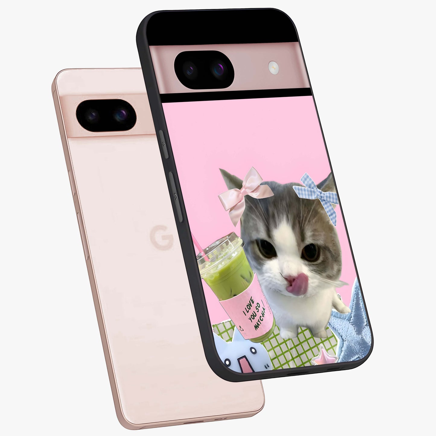 Love Matcha Cat Glass Case displayed in angled mockup highlighting playful feline illustration with cozy matcha aesthetic.