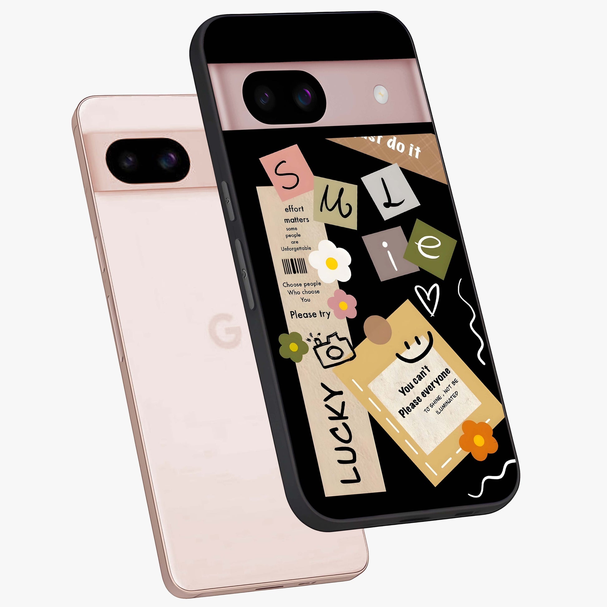 Lucky Aesthetic Collage Glass Case displayed in angled mockup highlighting stylish collage pattern with modern aesthetic vibe.
