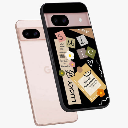 Lucky Aesthetic Collage Glass Case displayed in angled mockup highlighting stylish collage pattern with modern aesthetic vibe.