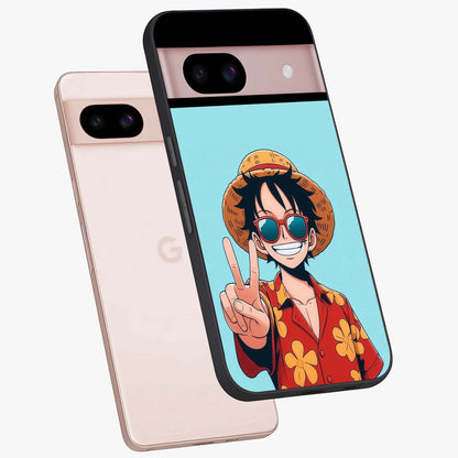 Luffy Summer Anime Vibe Glass Case displayed in angled mockup highlighting energetic anime illustration with summer vibe aesthetic.