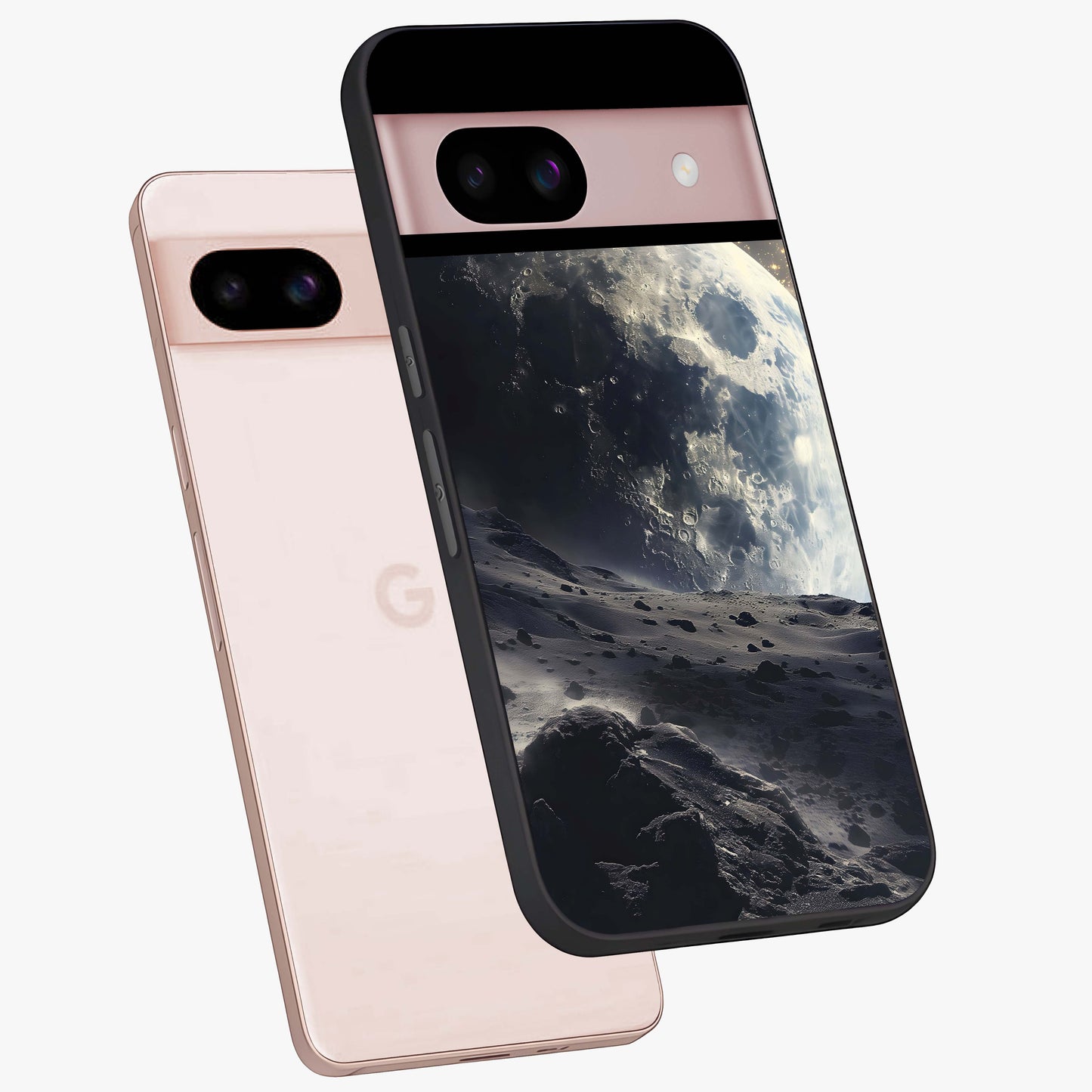 Lunar Horizon Glow Glass Case displayed in angled mockup highlighting celestial moon design with dreamy night aesthetic.