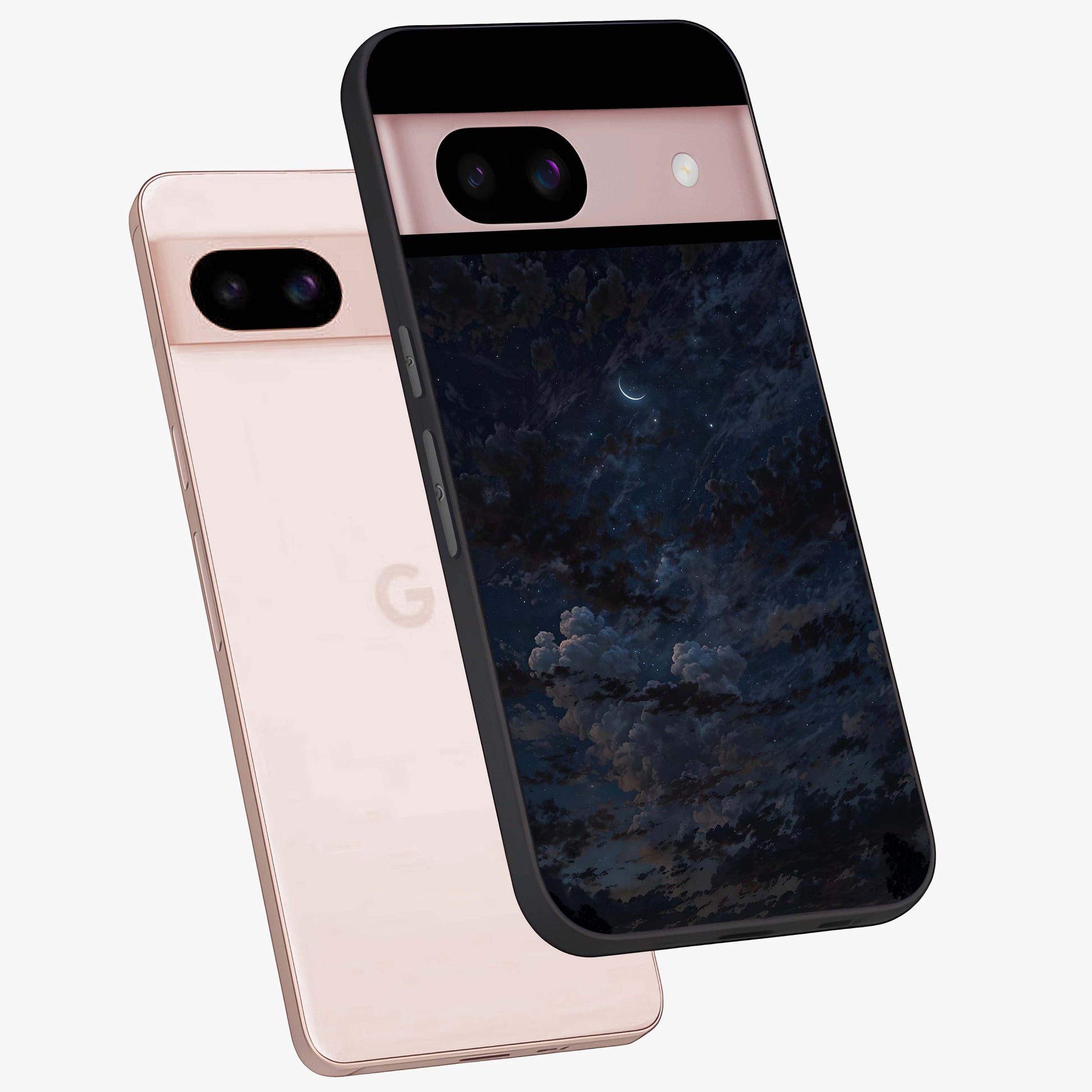 Lunar Veil Silence Glass Case displayed in angled mockup highlighting soft lunar design with peaceful celestial aesthetic.