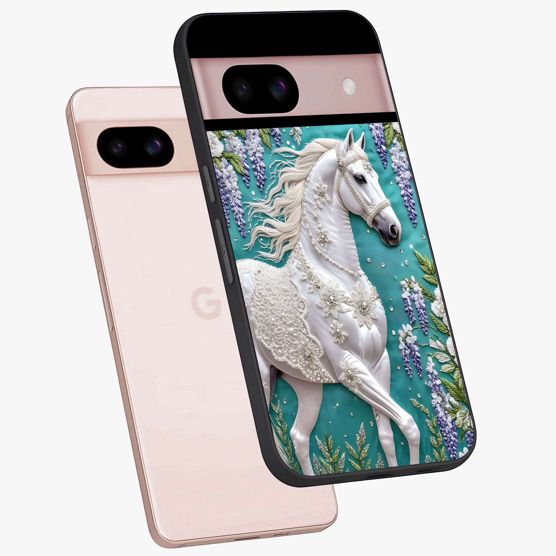 Majestic Floral Stallion Glass Case displayed in angled mockup highlighting majestic stallion illustration with elegant floral aesthetic.