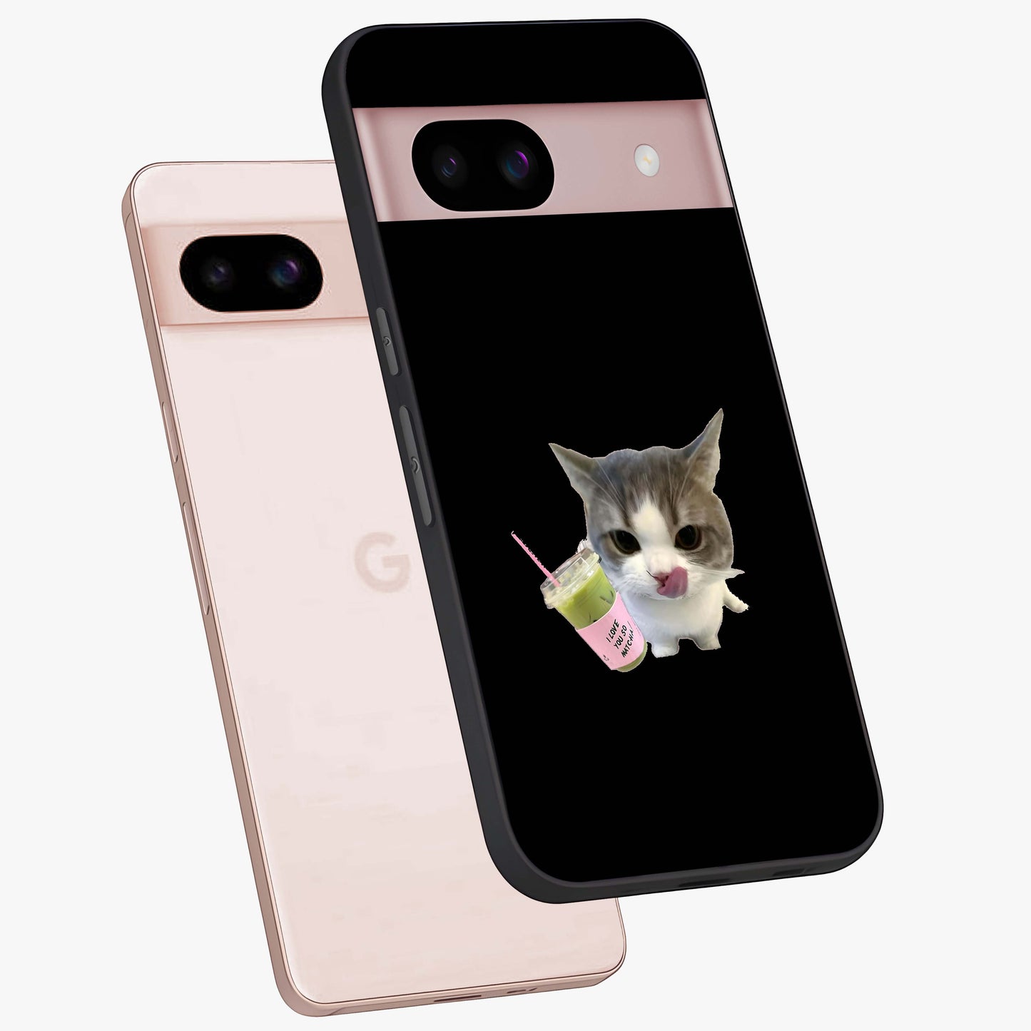 Matcha Cat Style Glass Case displayed in angled mockup highlighting playful feline design with pastel matcha aesthetic.