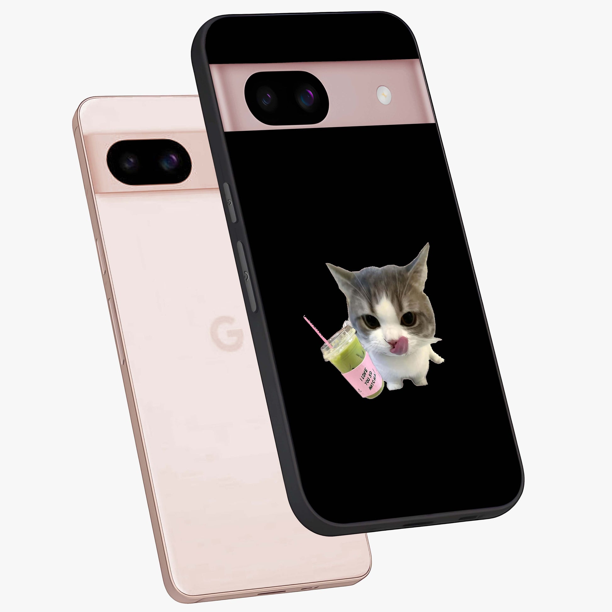 Matcha Cat Style Glass Case displayed in angled mockup highlighting playful feline design with pastel matcha aesthetic.