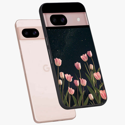 Midnight Tulip Whispers Vibe Glass Case displayed in angled mockup highlighting delicate tulip design with midnight floral aesthetic.