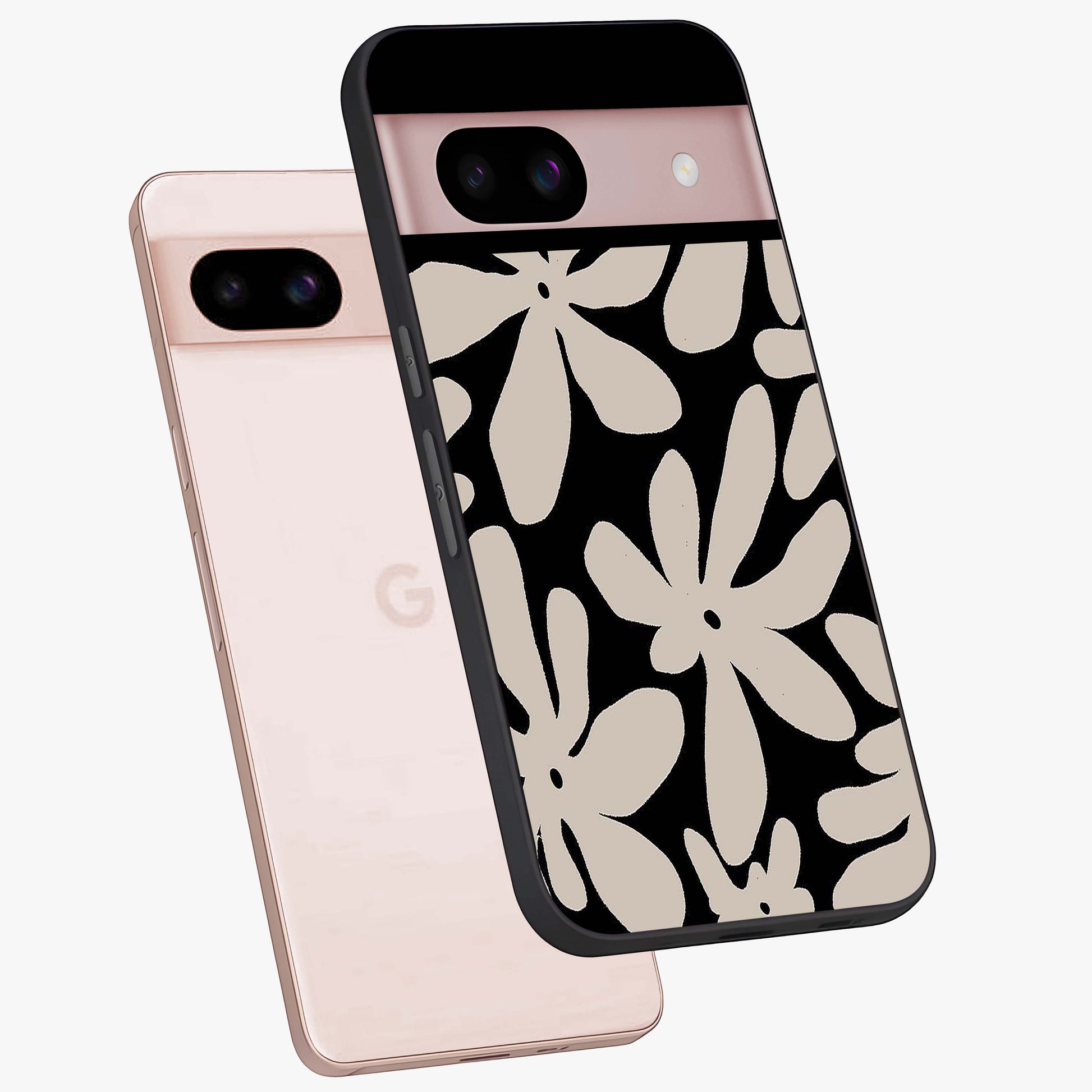 Monochrome Petal Dance Glass Case displayed in angled mockup highlighting elegant petal design with black and white aesthetic.
