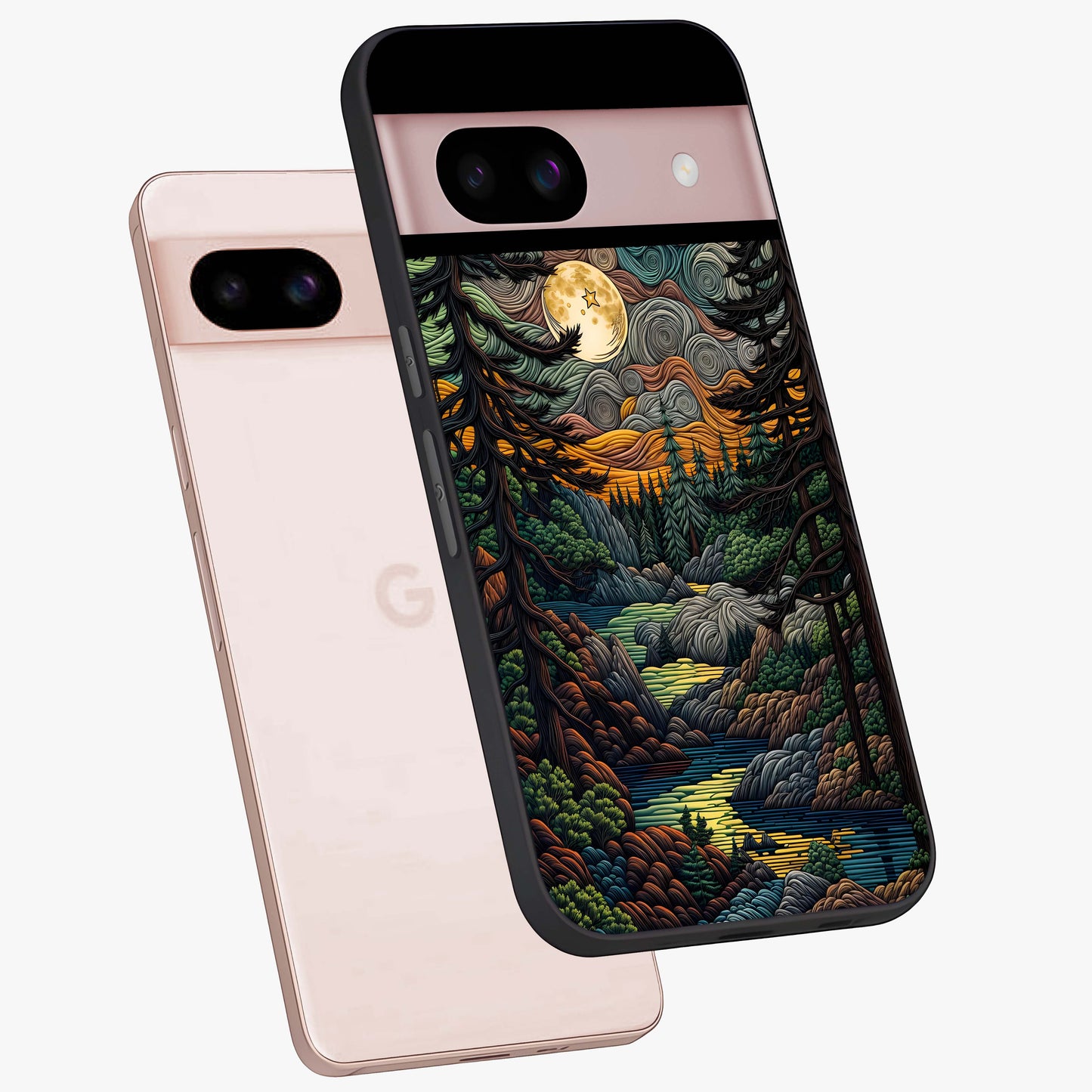 Moonlight Forest Dream Glass Case displayed in angled mockup highlighting dreamy forest design with glowing moon aesthetic.