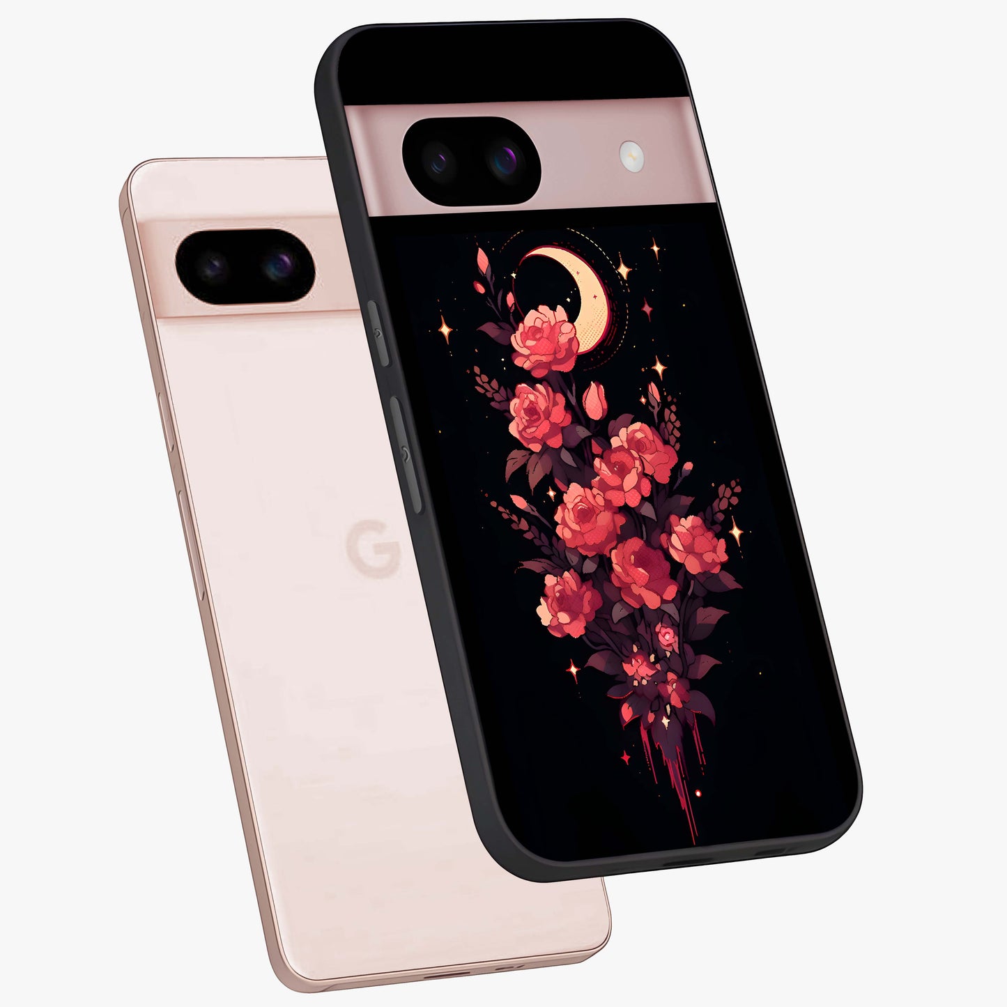 Moonlit Floral Elegance Glass Case displayed in angled mockup highlighting graceful flower design with soft moonlight aesthetic.
