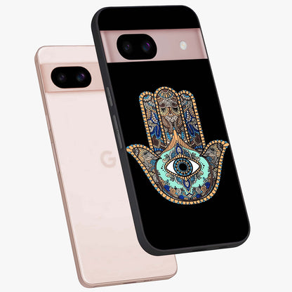 Mystic Hamsa Eye Glass Case displayed in angled mockup highlighting spiritual hamsa symbol with mystical aesthetic style.