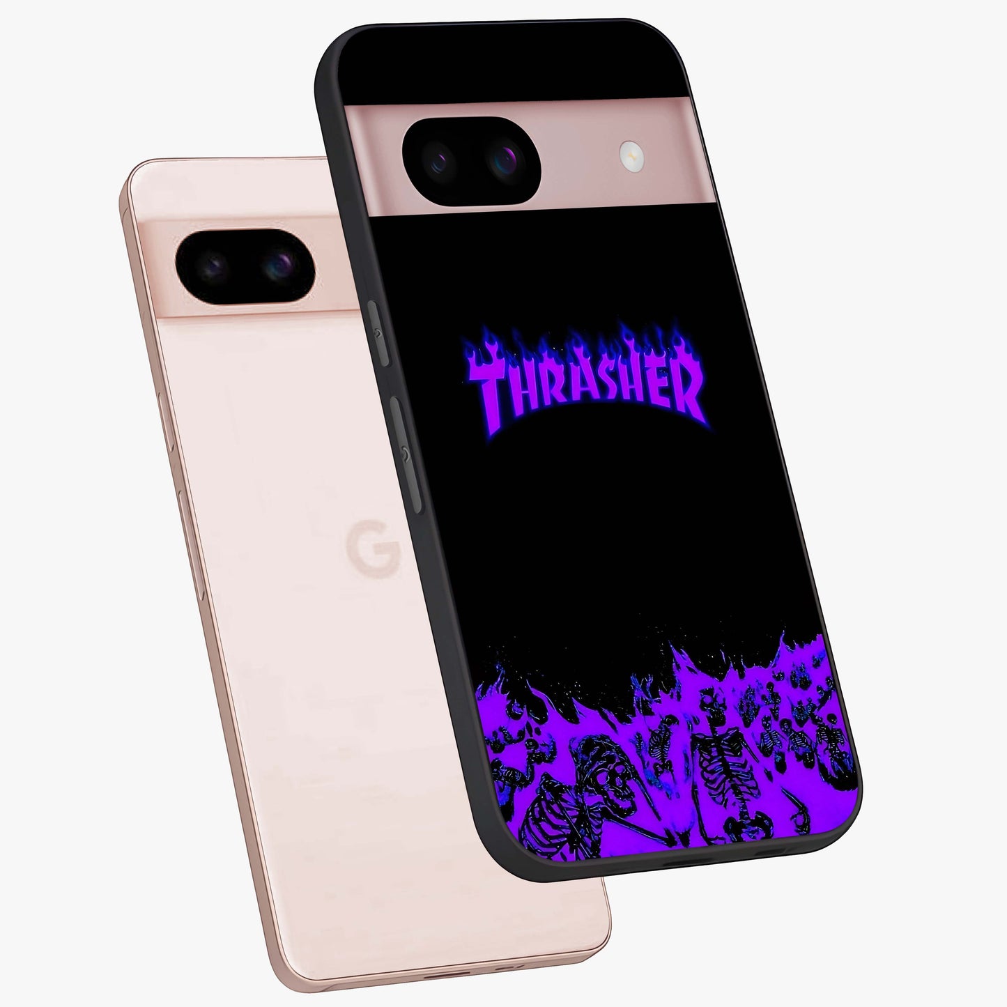 Neon Flame Riot Glass Case displayed in angled mockup highlighting glowing flame design with vibrant neon aesthetic.
