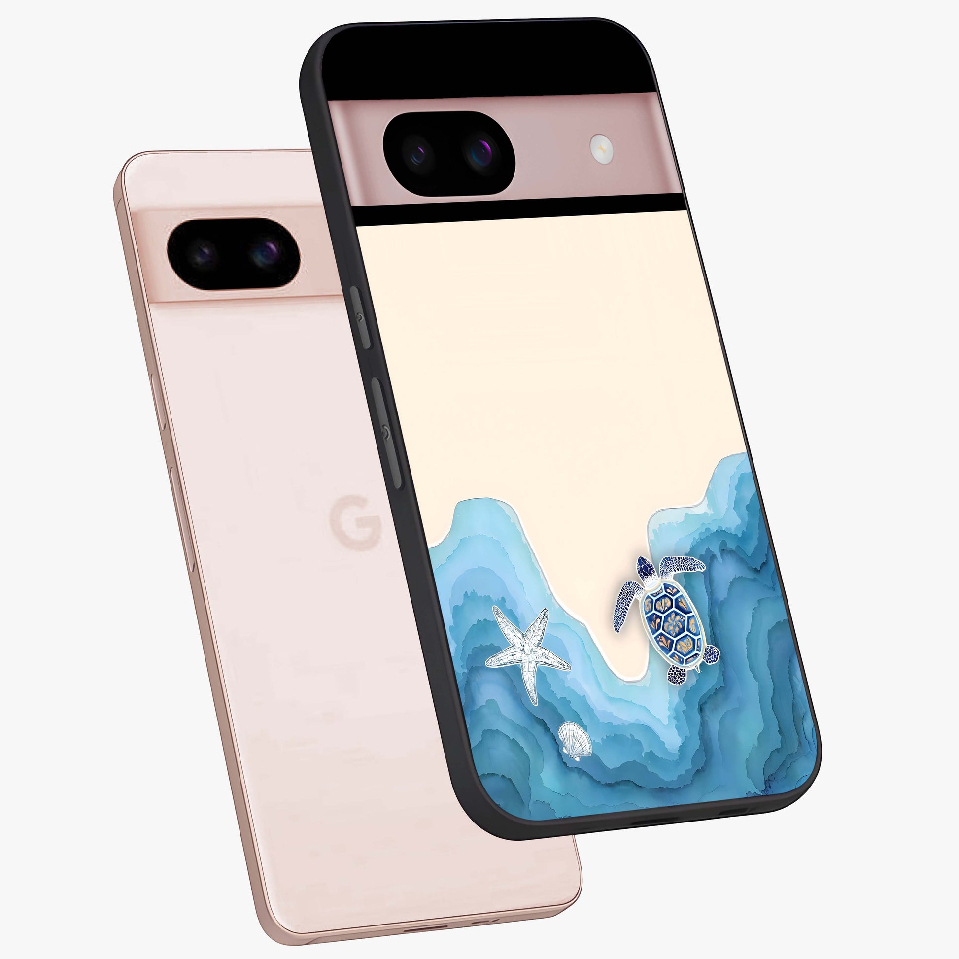 Ocean Drift Turtle Glass Case displayed in angled mockup highlighting peaceful ocean turtle illustration with marine aesthetic.