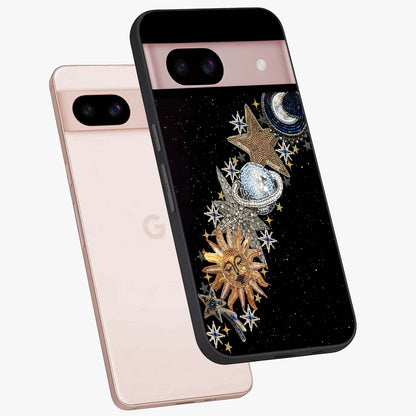 Pearls Universe Object Glass Case displayed in angled mockup highlighting celestial pearl design with dreamy aesthetic.
