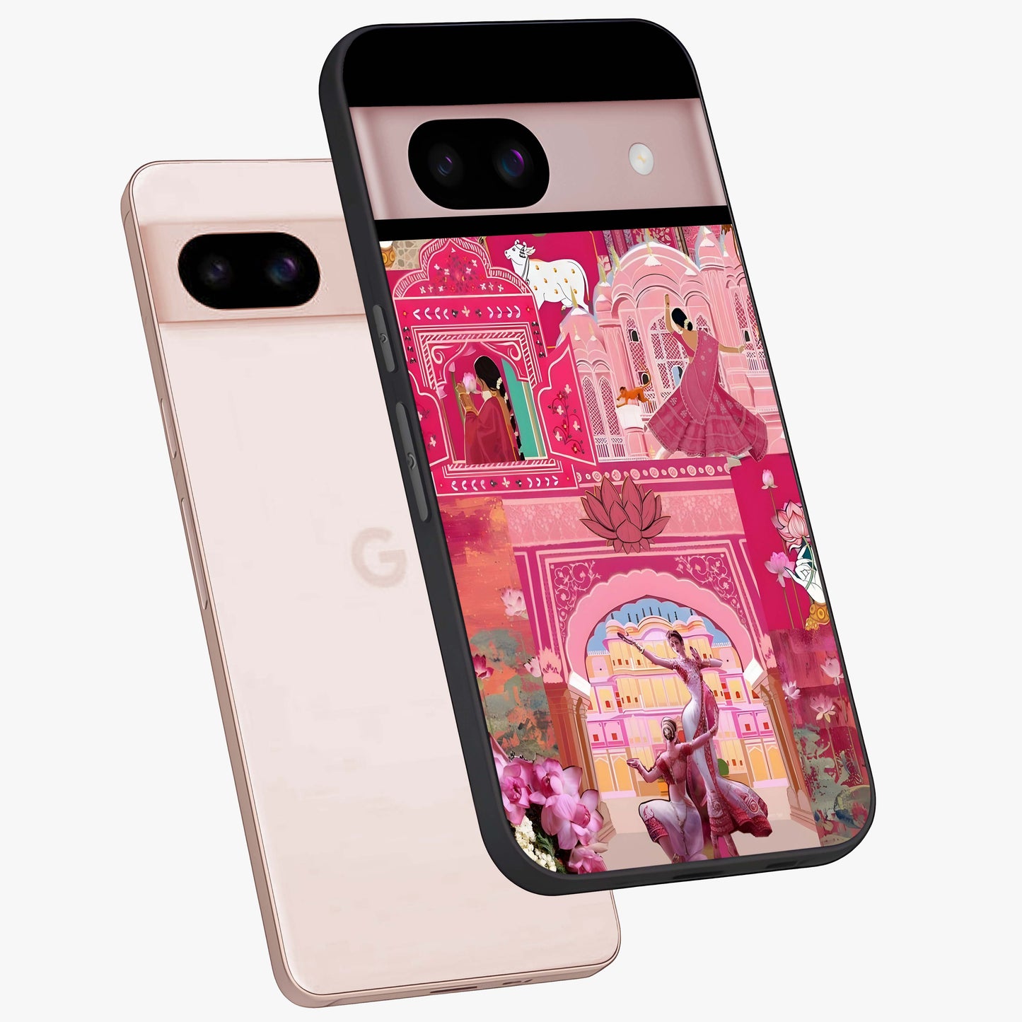 Pink Palace Muse Glass Case displayed in angled mockup highlighting dreamy palace illustration with soft pink aesthetic.