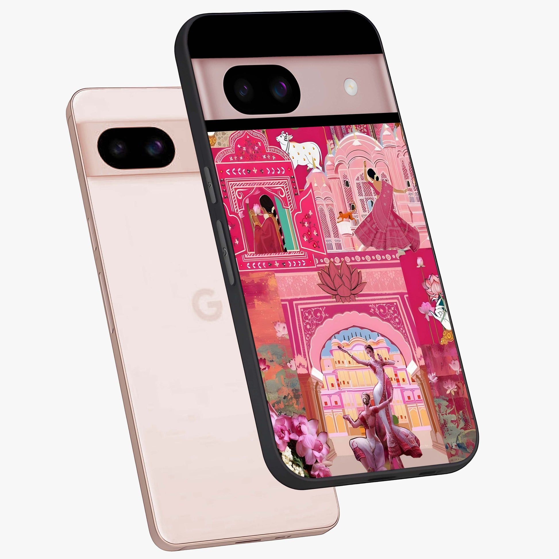 Pink Palace Muse Glass Case displayed in angled mockup highlighting dreamy palace illustration with soft pink aesthetic.