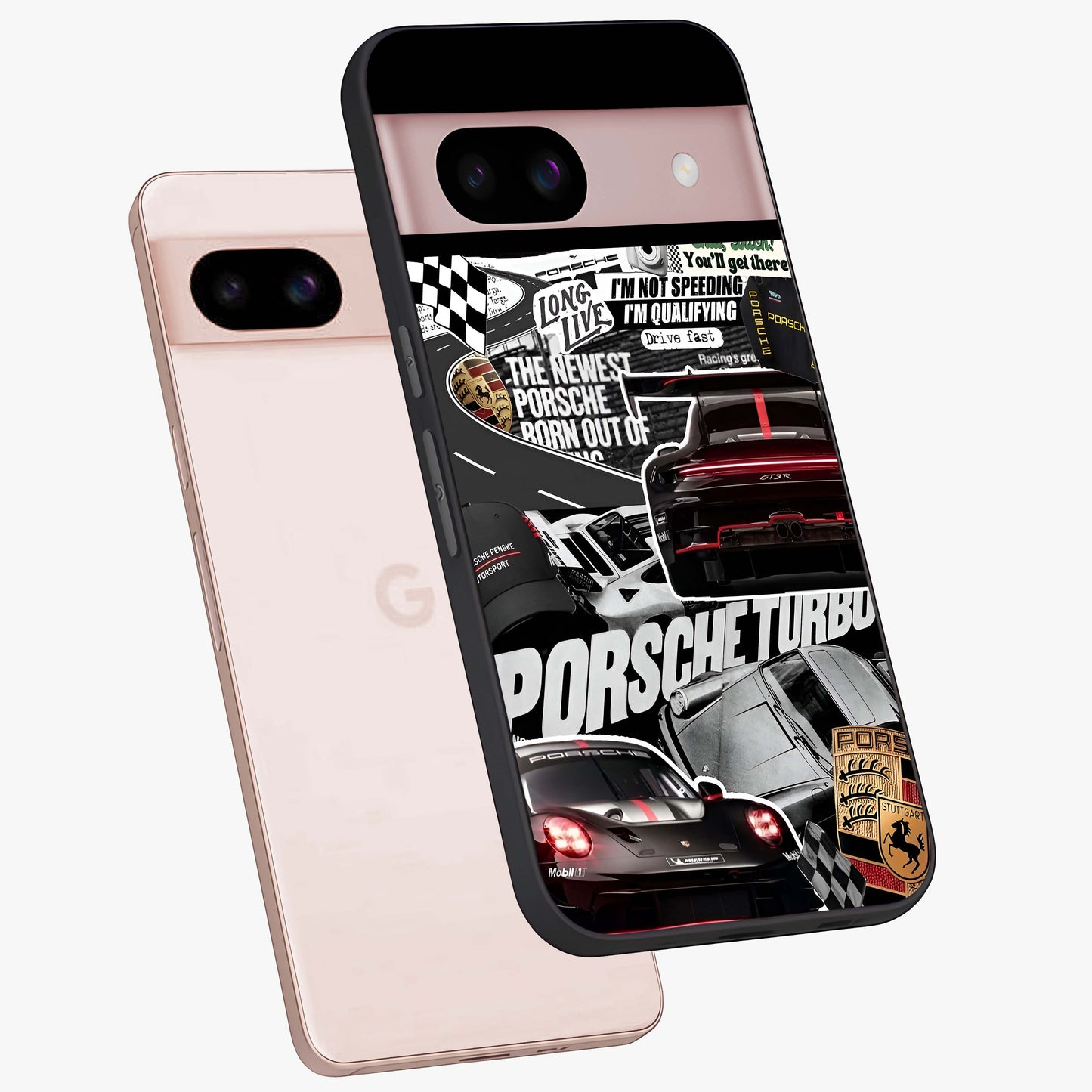 Porsche Racing Collage Glass Case displayed in angled mockup highlighting dynamic automotive design with bold racing aesthetic.