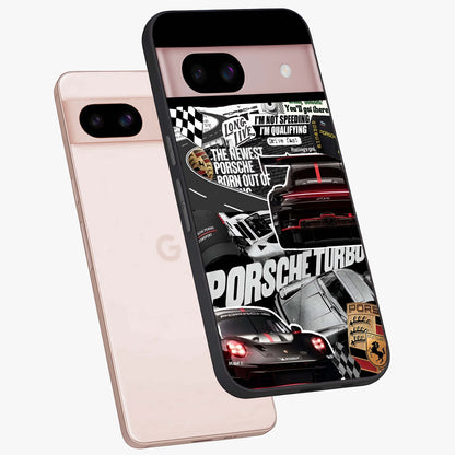 Porsche Racing Collage Glass Case displayed in angled mockup highlighting dynamic automotive design with bold racing aesthetic.