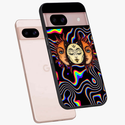 Psychedelic Sun Glass Case displayed in angled mockup highlighting vibrant abstract sun design with artistic aesthetic style.