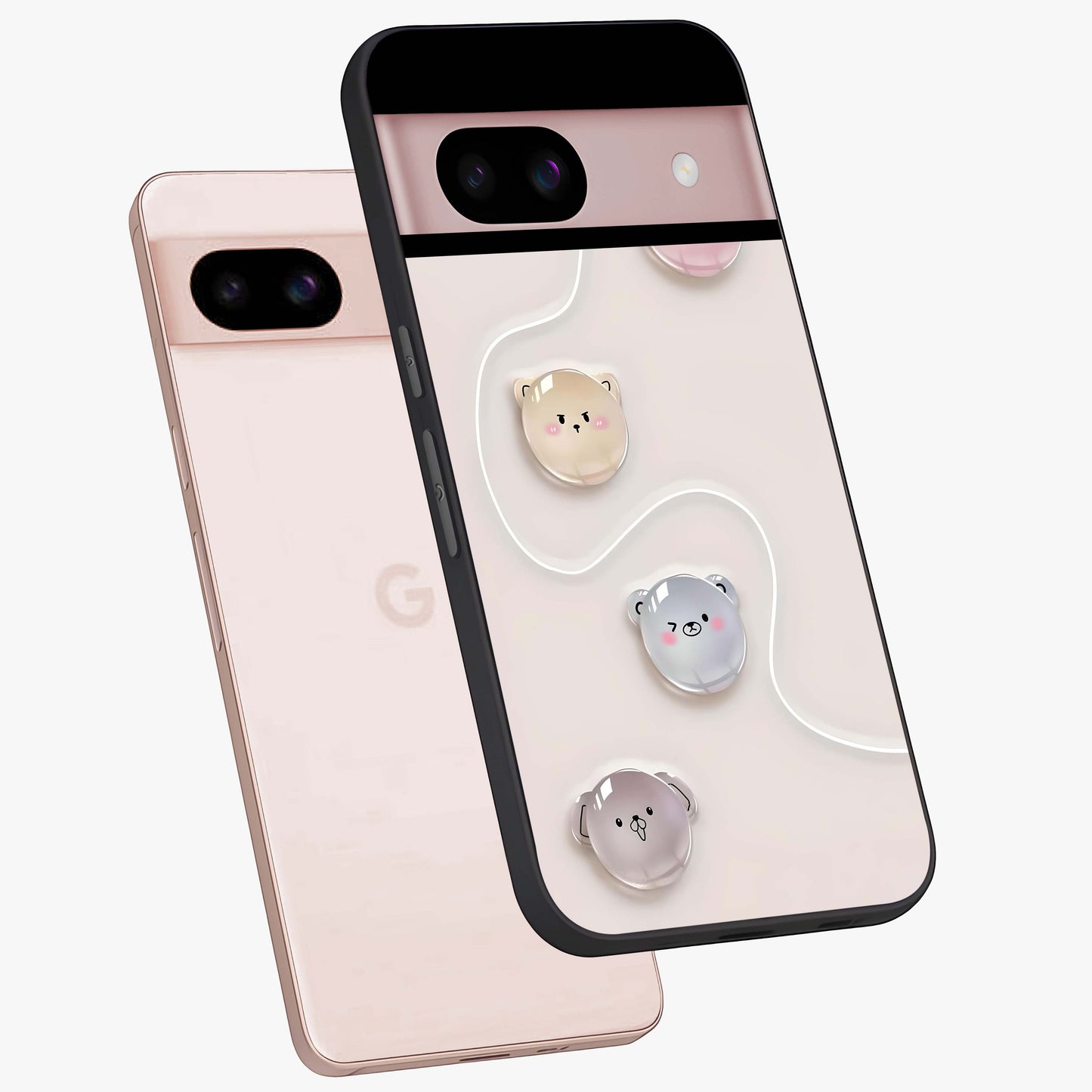 Puffy Face Parade Glass Case displayed in angled mockup highlighting playful cartoon face design with fun aesthetic.