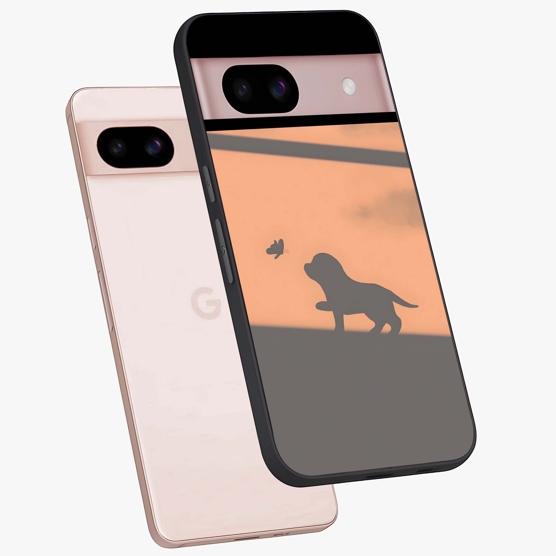 Puppy Shadow Art Glass Case displayed in angled mockup highlighting playful dog illustration with artistic shadow aesthetic.