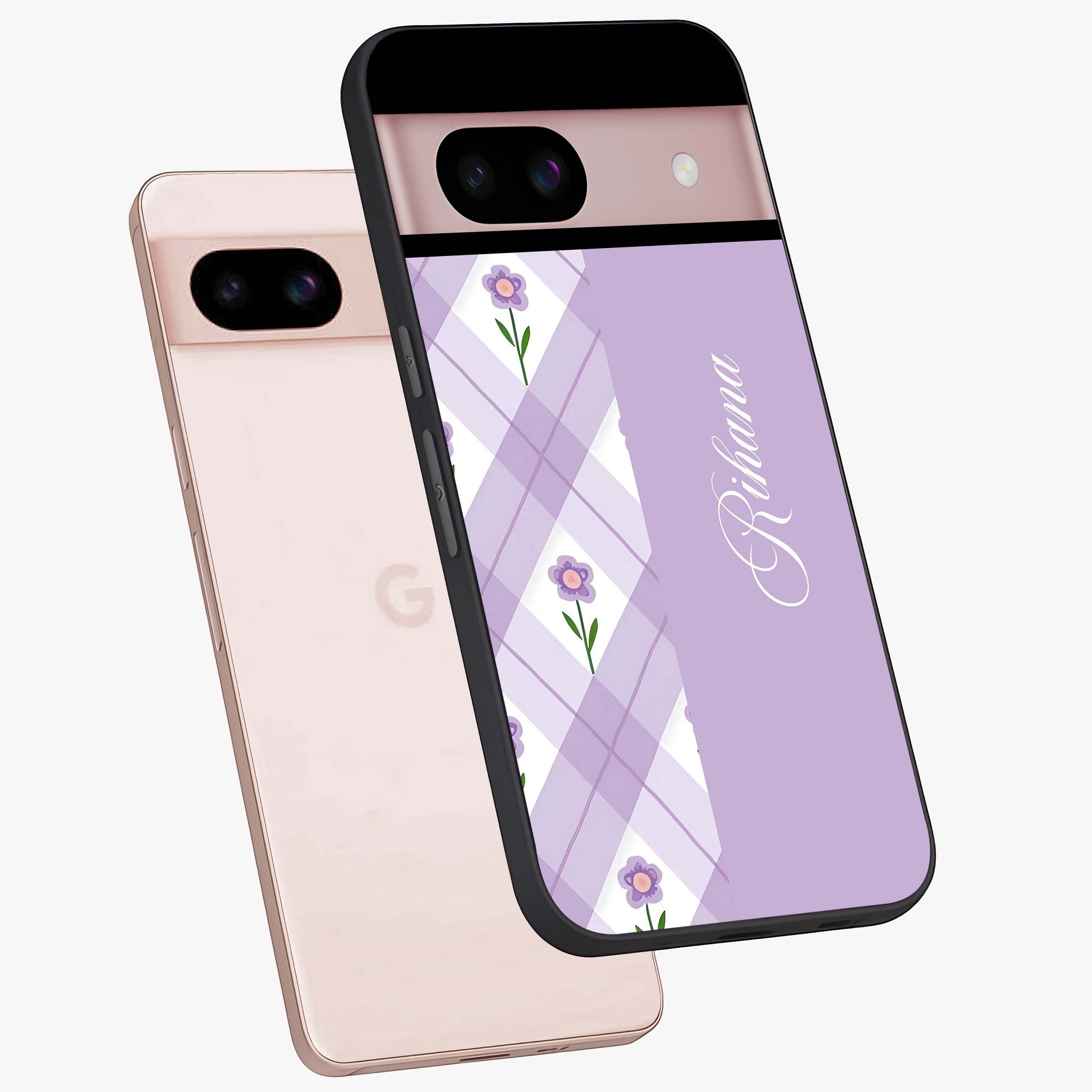 Purple Diamond Floral Glass Case displayed in angled mockup highlighting elegant purple flower design with decorative pattern.