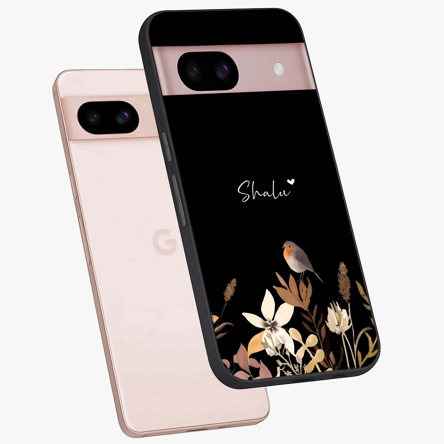 Quiet Garden Tune Custom Name Glass Case displayed in angled mockup highlighting delicate floral garden design with custom name feature.