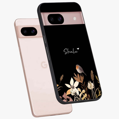 Quiet Garden Tune Custom Name Glass Case displayed in angled mockup highlighting delicate floral garden design with custom name feature.