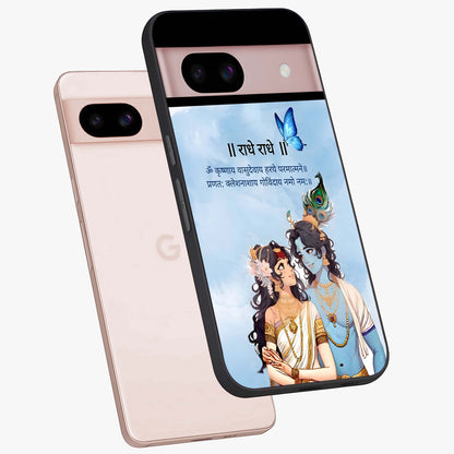 Radha Krishna Eternal Glass Case displayed in angled mockup highlighting divine Radha Krishna illustration with spiritual aesthetic.