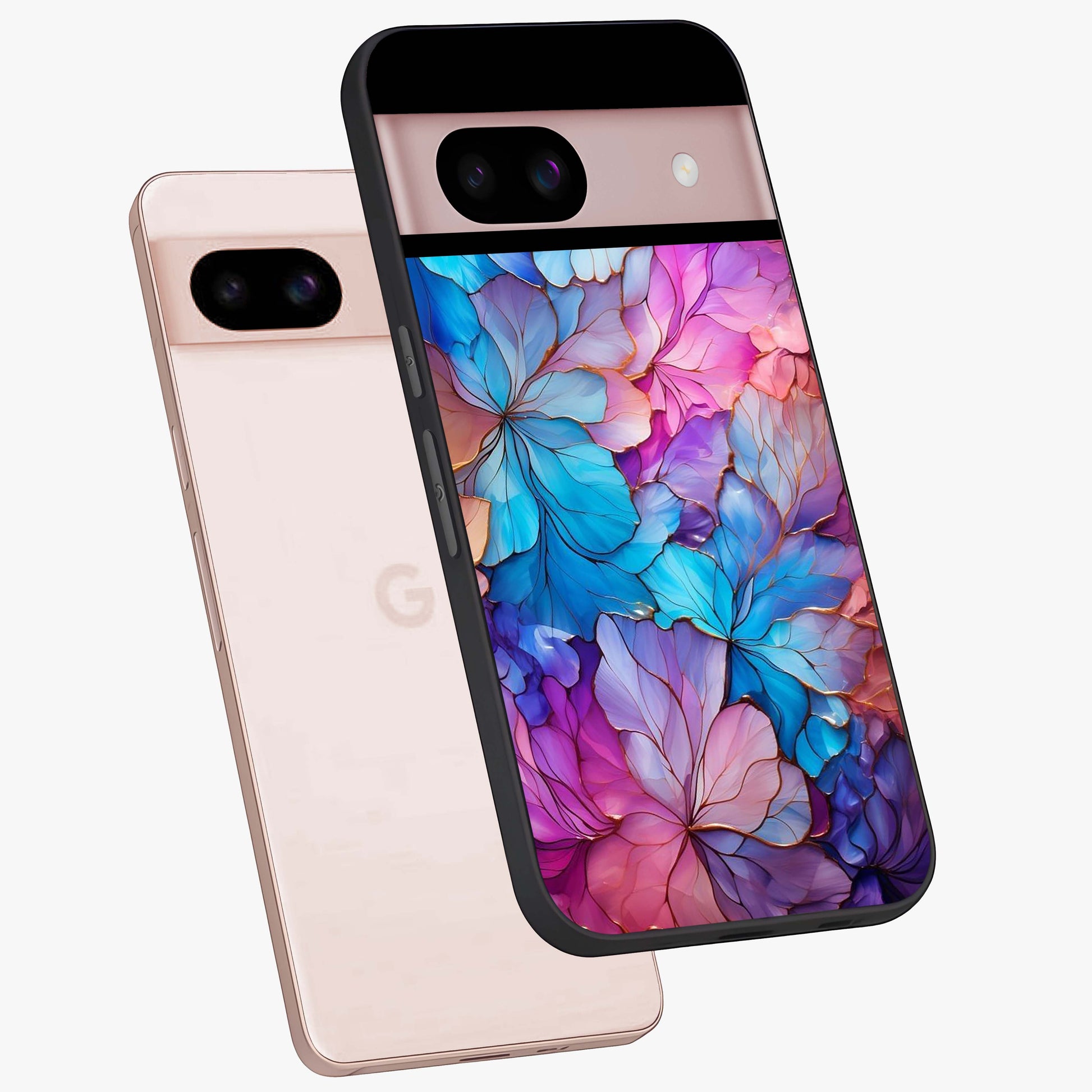 Radiant Floral Whirl Glass Case displayed in angled mockup highlighting vibrant flower pattern with dynamic artistic aesthetic.