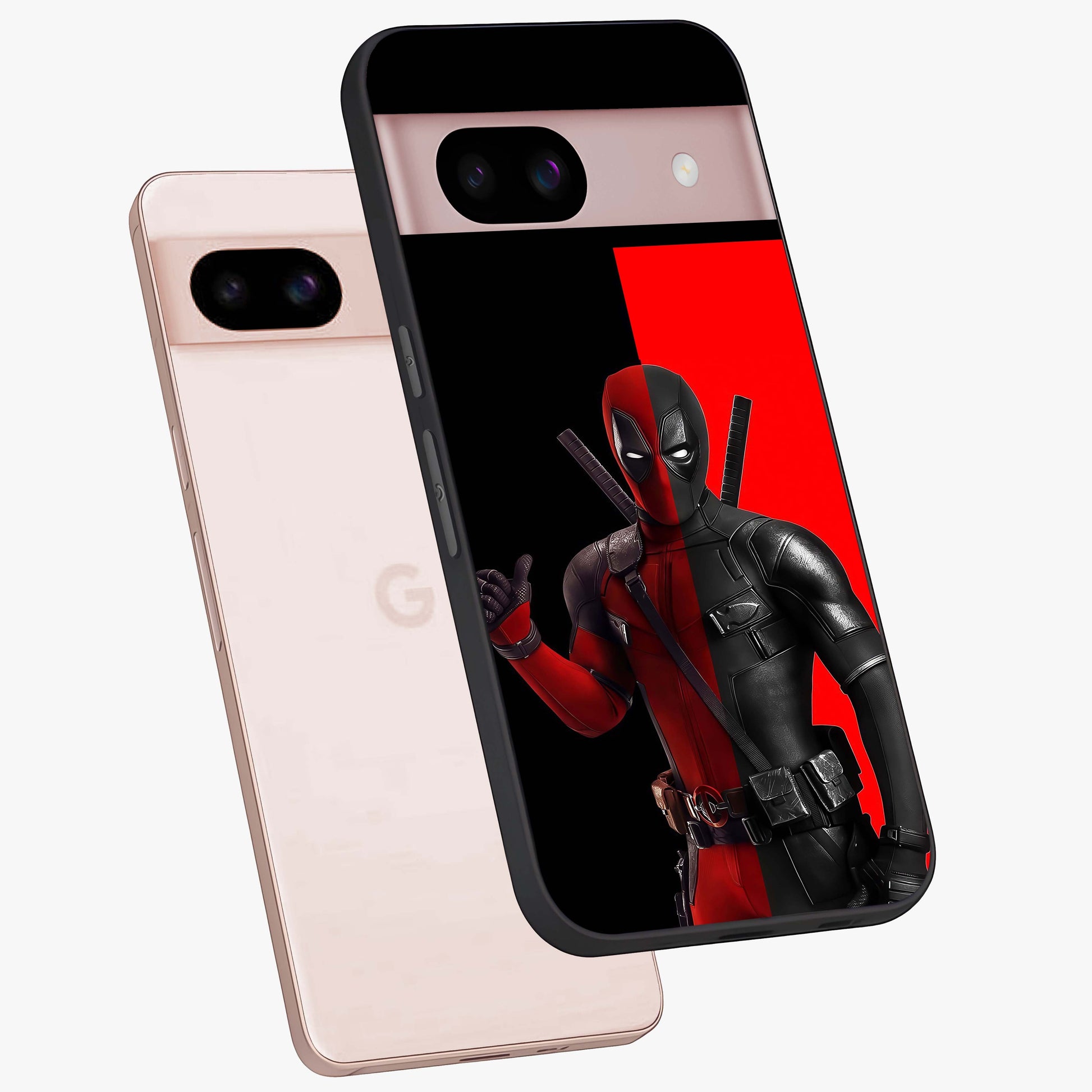 Red & Black Deadpool Theme Glass Case displayed in angled mockup highlighting vibrant superhero style illustration with action aesthetic.
