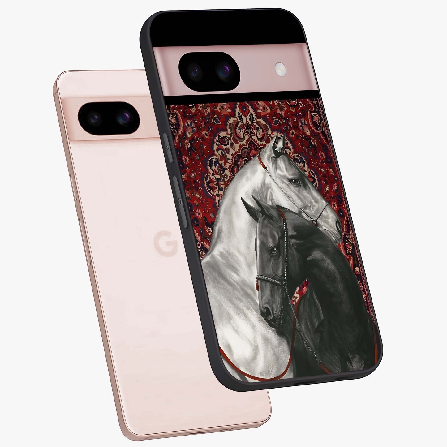 Regal Stallion Tapestry Glass Case displayed in angled mockup highlighting royal stallion design with decorative heritage aesthetic.