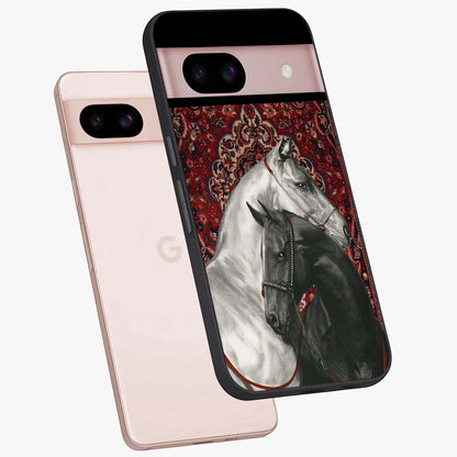 Regal Stallion Tapestry Glass Case displayed in angled mockup highlighting royal stallion design with decorative heritage aesthetic.