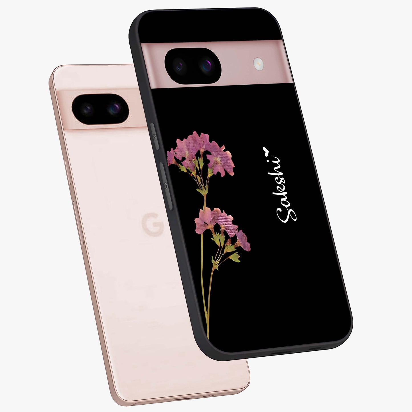 Riching Lavender Flower Custom Name Glass Case displayed in angled mockup highlighting delicate lavender flower design with custom name feature.