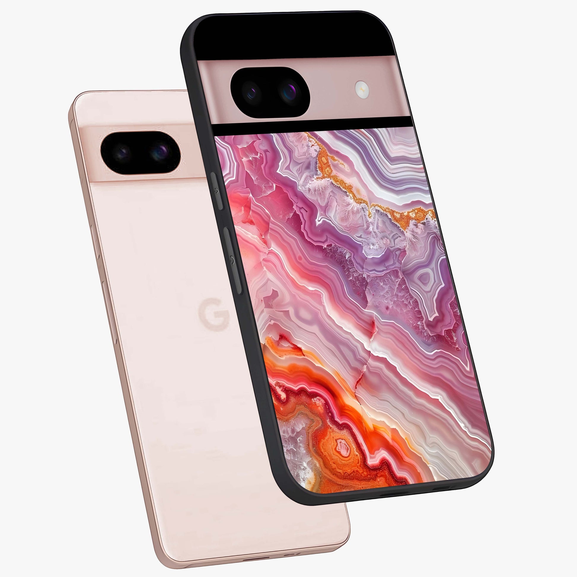 Rose Quartz Marble Glass Case displayed in angled mockup highlighting elegant marble pattern with soft aesthetic style.