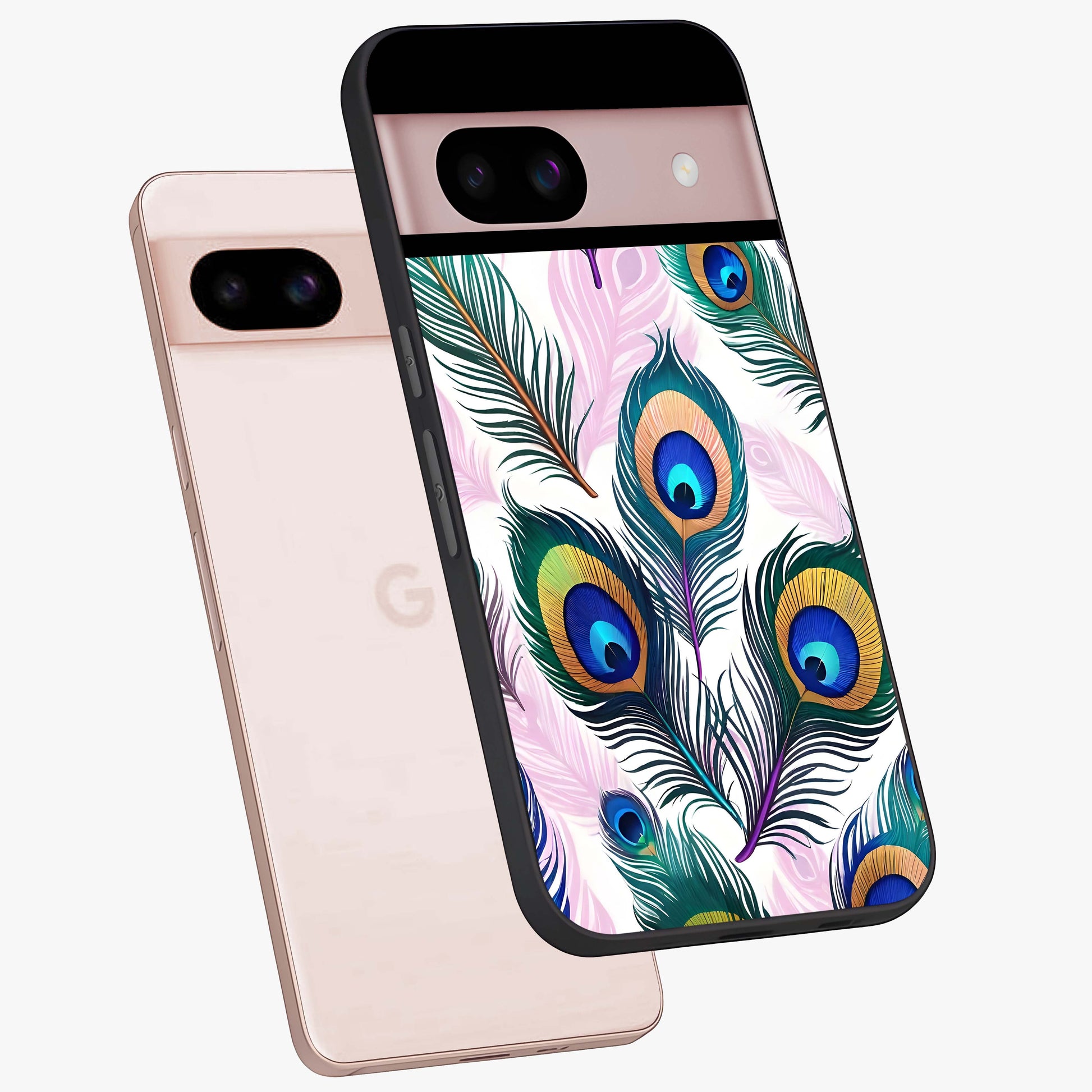 Royal Peacock Feathers Glass Case displayed in angled mockup highlighting vibrant feather pattern with regal aesthetic style.