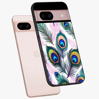 Royal Peacock Feathers Glass Case displayed in angled mockup highlighting vibrant feather pattern with regal aesthetic style.