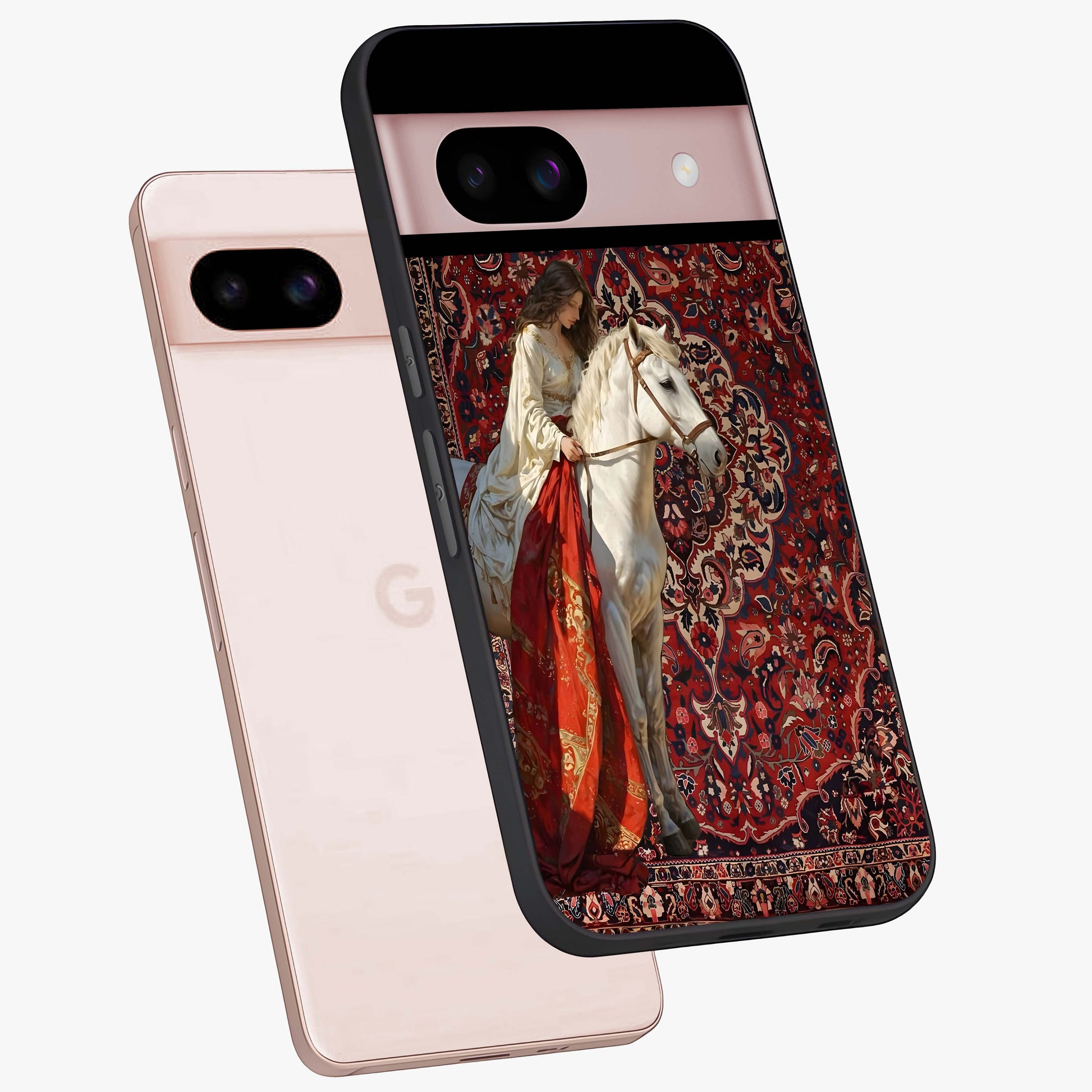 Royal Rider Tapestry Glass Case displayed in angled mockup highlighting traditional tapestry design with royal heritage aesthetic.