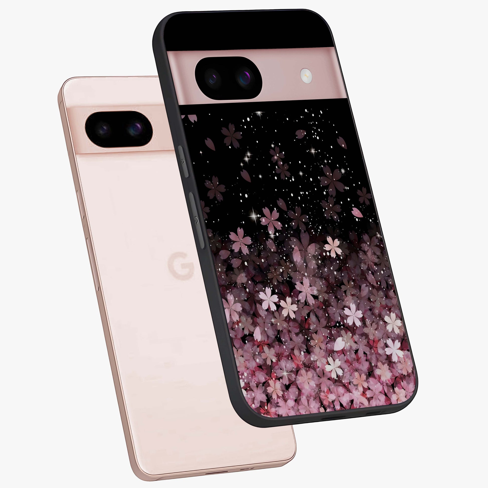 Small Starry Flowers Glass Case displayed in angled mockup highlighting tiny flower pattern with celestial aesthetic style.