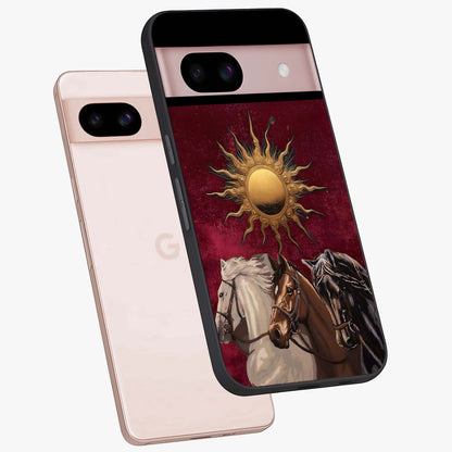 Solar Riders Glass Case displayed in angled mockup highlighting powerful rider illustration with radiant solar aesthetic.