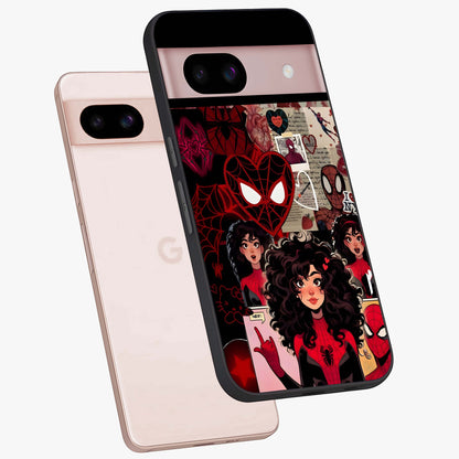Spider Love Story Glass Case displayed in angled mockup highlighting expressive comic inspired design with playful aesthetic.