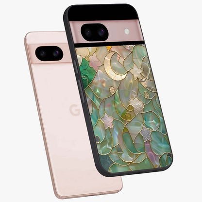 Stained Sunrise Glow Glass Case displayed in angled mockup highlighting radiant sunrise design with artistic aesthetic style.