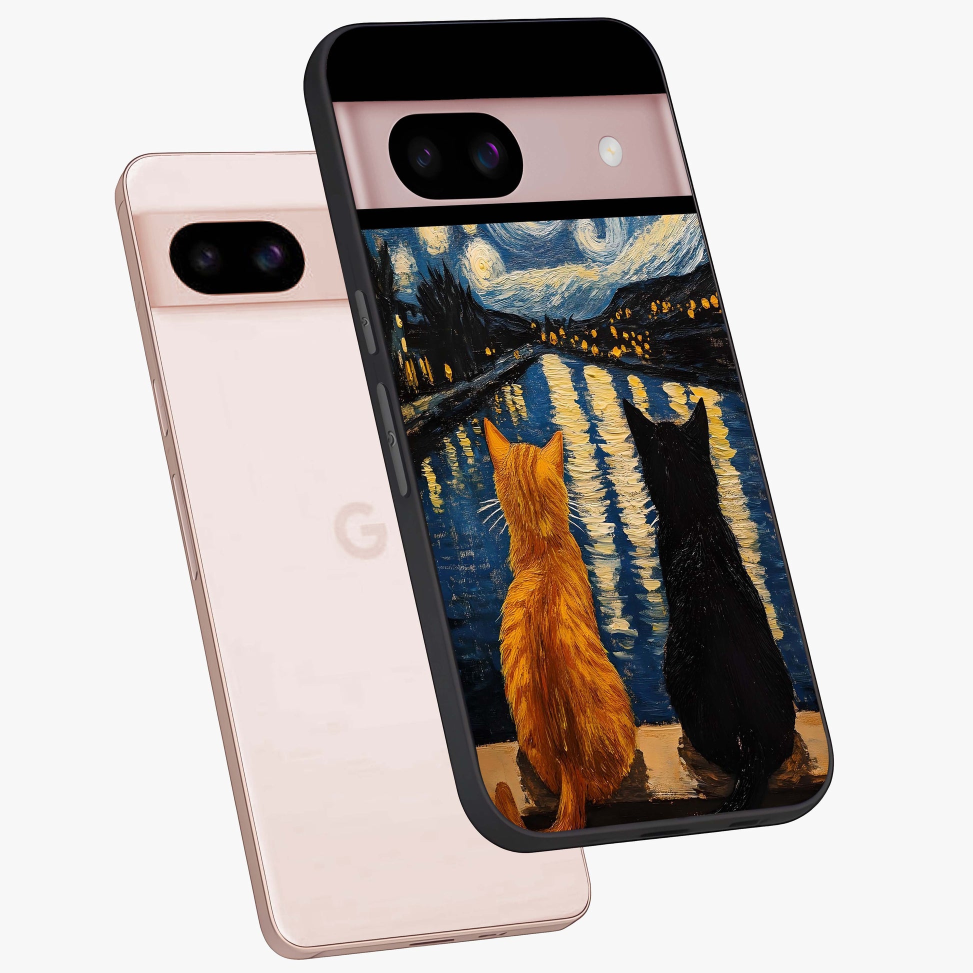 Starry River Cats Glass Case displayed in angled mockup highlighting charming feline illustration with dreamy night aesthetic.