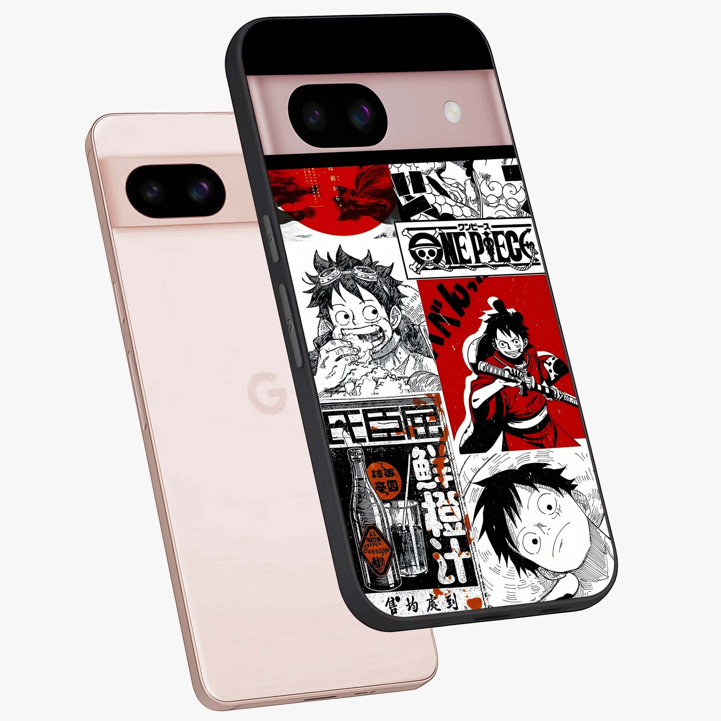 Strawhat Chaos Panels Glass Case displayed in angled mockup highlighting vibrant anime collage design with action aesthetic.