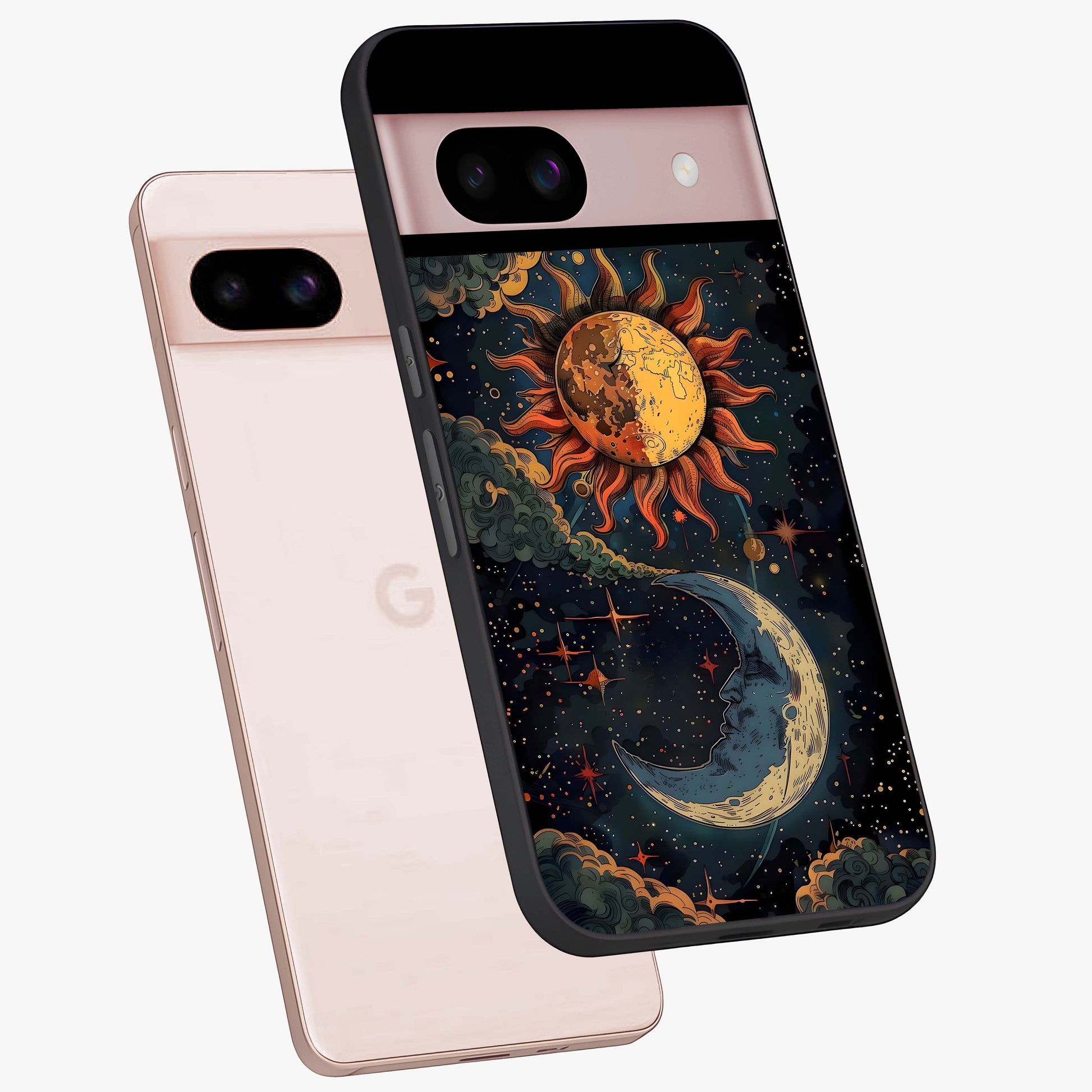 Sun And Moon Magic Design Glass Case displayed in angled mockup highlighting celestial design with magical cosmic aesthetic.